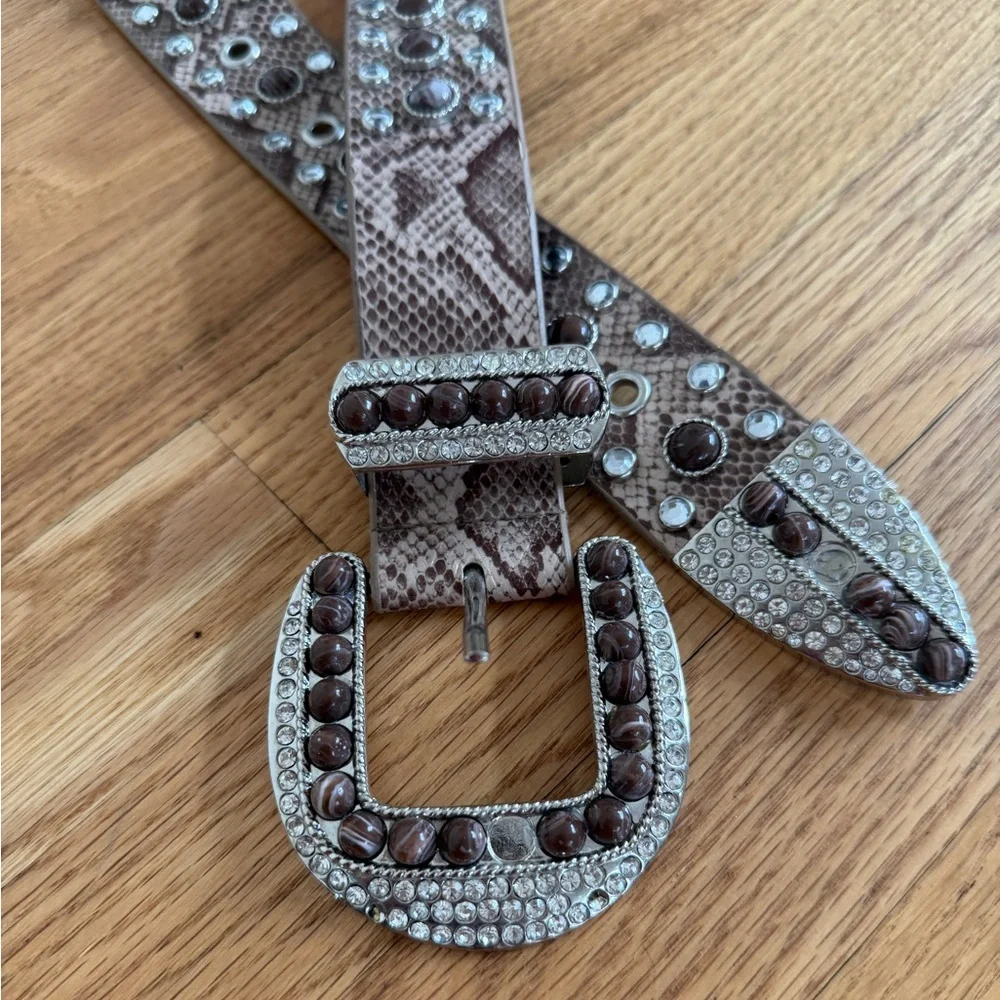 Brown studded python belt